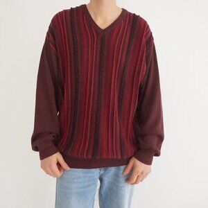 Tosani Burgundy Striped V Neck Knit Sweater Eclectic Grandpa Quiet Luxury XL
